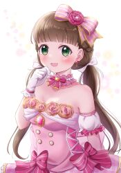 Rule 34 | 1girl, absurdres, blunt bangs, blush, bow, braid, breasts, brown hair, choker, commentary request, cosplay, detached sleeves, dress, dress bow, earrings, french braid, frilled choker, frills, gloves, green eyes, hair bow, half updo, heart, heart earrings, highres, jewelry, long hair, looking at viewer, love live!, love live! superstar!!, low twintails, open mouth, pink choker, pink dress, puffy detached sleeves, puffy short sleeves, puffy sleeves, ritaso, sakurakoji kinako, short sleeves, small breasts, solo, strapless, strapless dress, twintails, white gloves, yume e no ippo
