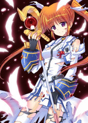 Rule 34 | 00s, 1girl, bad id, bad pixiv id, blood, brown hair, feathers, fingerless gloves, gloves, jacket, long hair, lyrical nanoha, magazine (weapon), magical girl, mahou shoujo lyrical nanoha, mahou shoujo lyrical nanoha strikers, nean, open clothes, open jacket, purple eyes, raising heart, red hair, smile, solo, staff, takamachi nanoha, thighhighs, torn clothes, torn thighhighs, twintails, waist cape, white devil