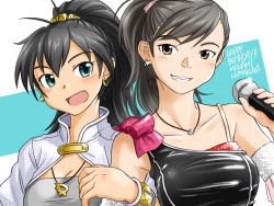 Rule 34 | 2girls, bad id, bad pixiv id, black hair, blue eyes, blush, brown eyes, brown hair, collarbone, crossover, earrings, fang, ganaha hibiki, grin, idolmaster, idolmaster (classic), jewelry, long hair, microphone, multiple girls, nakamura manami, necklace, numakura manami, open mouth, ponytail, punto, smile, voice actor, voice actor connection