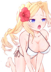 Rule 34 | 1girl, bikini, blonde hair, blue eyes, breasts, collarbone, commentary, crying, drill hair, flower, hair flower, hair ornament, halterneck, honolulu (kancolle), kantai collection, medium breasts, medium hair, official alternate costume, open mouth, oral invitation, saliva, sexually suggestive, side-tie bikini bottom, simple background, solo, streaming tears, string bikini, swimsuit, tears, tongue, tongue out, twin drills, white bikini