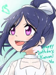 Rule 34 | 1girl, artist name, artist request, blue hair, blush, bow, breasts, close-up, collarbone, collared dress, dolphin print, dress, earrings, feather earrings, feathers, female focus, hair between eyes, hair bow, high ponytail, highres, jewelry, long hair, looking at viewer, looking up, love live!, love live! school idol festival, love live! sunshine!!, matsuura kanan, parted lips, plaid, plaid dress, pleated, pleated dress, ponytail, purple eyes, small breasts, smile, solo, the story of feather (love live!), white bow, white dress
