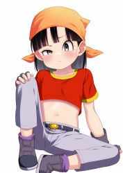 Rule 34 | :&lt;, arm support, atg (wttoo0202), bandana, belt, black belt, black gloves, black hair, blunt bangs, blush, child, collarbone, commentary, crop top, dot nose, dragon ball, dragon ball gt, eyelashes, fingerless gloves, flat chest, gloves, grey eyes, grey footwear, grey pants, hand on own knee, highres, looking at viewer, navel, on ground, orange bandana, pan (dragon ball), pants, red shirt, shirt, short hair, short sleeves, simple background, sitting, stomach, white background