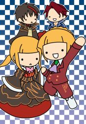 Rule 34 | 07th expansion, 1girl, 3boys, :&lt;, :d, anchor, androgynous, ascot, beatrice (cosplay), beatrice (umineko), blonde hair, boots, bow, brown hair, cape, checkered background, coat, cosplay, costume switch, cross, dress, formal, kashiwa kiseri, multicolored hair, multiple boys, no naku koro ni (series), open mouth, pink bow, ponytail, red hair, smile, streaked hair, suit, two-tone hair, umineko no naku koro ni, ushiromiya battler, ushiromiya battler (cosplay), ushiromiya lion, ushiromiya lion (cosplay), willard h. wright, willard h wright (cosplay)