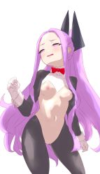Rule 34 | 1girl, bad id, bad pixiv id, black jacket, black pantyhose, blush, bow, bowtie, breasts, cropped jacket, fate/grand order, fate (series), forehead, gloves, hair ornament, high ponytail, highres, jacket, long hair, long sleeves, looking at viewer, meme attire, navel, nipples, niwaikanai, open mouth, pantyhose, parted bangs, purple eyes, purple hair, pussy, red bow, red bowtie, revealing clothes, reverse bunnysuit, reverse outfit, shrug (clothing), sidelocks, simple background, small breasts, solo, thighs, white background, white gloves, wing collar, wrist cuffs, wu zetian (fate)