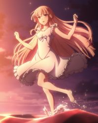 Rule 34 | 1girl, barefoot, beach, girly air force, gripen (girly air force), highres, long hair, pink hair, purple eyes, screencap, solo, stitched, sunset, third-party edit