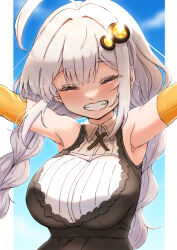 Rule 34 | 1girl, ahoge, armpits, bare shoulders, black dress, blush, braid, breasts, closed eyes, collared dress, detached sleeves, dress, grey hair, grin, hair ornament, highres, huge ahoge, kizuna akari, leaning back, long hair, neck ribbon, orange sleeves, outside border, outstretched arms, pinstripe pattern, ribbon, sho (wnmf3234), sky, smile, solo, twin braids, upper body, very long hair, voiceroid, white hair