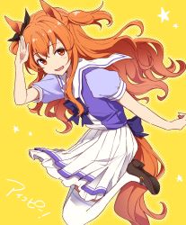 Rule 34 | 1girl, animal ears, ayame iro (toumei dolce), black ribbon, bow, commentary request, ear ribbon, highres, horse ears, horse girl, horse tail, long hair, looking at viewer, mayano top gun (umamusume), orange eyes, orange hair, ribbon, school uniform, short sleeves, simple background, skirt, solo, tail, thighhighs, tracen school uniform, umamusume, white skirt, white thighhighs, yellow background