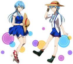 Rule 34 | 10s, 2girls, blue hair, cardfight!! vanguard, charlene chen, flower, gillian chen, hat, long hair, looking at viewer, mino (diviness), multiple girls, shorts, siblings, simple background, sisters, smile, straw hat, sunflower, suspenders, twins, white background, yellow eyes