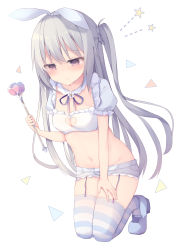Rule 34 | 1girl, absurdres, bad id, bad pixiv id, blue footwear, blush, braid, breasts, cleavage, closed mouth, clothing cutout, commentary request, crop top, fingernails, flower, grey hair, grey shorts, groin, hair between eyes, hair ribbon, heart cutout, high heels, highres, holding, kneeling, long hair, lowleg, lowleg shorts, mary janes, micro shorts, midriff, navel, neck ribbon, nose blush, one side up, original, puffy short sleeves, puffy sleeves, purple ribbon, red eyes, red flower, red rose, ribbon, rose, shoes, short shorts, short sleeves, shorts, small breasts, solo, star (symbol), striped clothes, striped thighhighs, thighhighs, tsuruse, very long hair, white background, white flower, white ribbon
