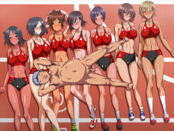Rule 34 | 1boy, 6+girls, blush, breasts, clothed female nude male, covered erect nipples, fancy-studio, fat, fat man, from above, full body, game cg, glasses, impossible clothes, jikan teishi shite yaritai houdai, kneehighs, large breasts, looking at viewer, lying, midriff, multiple girls, nude, original, outdoors, running track, shiny skin, short hair, smile, socks, sports bikini, sports bra, sportswear, time stop, toned, track uniform, ugly man