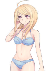 Rule 34 | 1girl, absurdres, akamatsu kaede, bare arms, bare shoulders, bikini, blue bikini, breasts, collarbone, cowboy shot, danganronpa (series), danganronpa v3: killing harmony, fortissimo, hair ornament, highres, impossible clothes, large breasts, musical note, musical note hair ornament, navel, otake0san, pink eyes, simple background, solo, stomach, swimsuit, white background