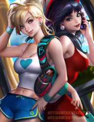 Rule 34 | 2girls, archie, archie comics, artist name, back-to-back, bag, betty cooper, bike shorts, black hair, blonde hair, blue eyes, blue sky, bookbag, breasts, cellphone, cleavage, dress, earrings, gradient background, handbag, high ponytail, jewelry, lipstick, looking at viewer, makeup, marker, midriff, multiple girls, nail polish, pencil, phone, realistic, red dress, red lips, sakimichan, short dress, short shorts, shorts, sky, smartphone, smile, tank top, veronica lodge, watermark, web address, wristband