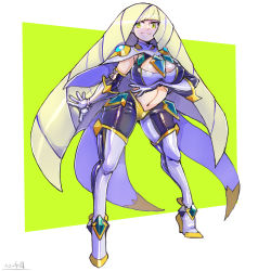 Rule 34 | 1girl, adapted costume, blonde hair, bodysuit, boots, breasts, creatures (company), elbow gloves, game freak, gloves, green eyes, hair over one eye, high heels, highres, large breasts, long hair, lusamine (pokemon), navel, nintendo, oomasa teikoku, pokemon, pokemon sm, skin tight, solo, thigh boots, very long hair