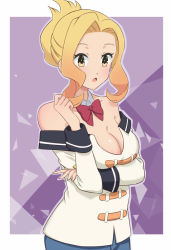 Rule 34 | 1girl, bare shoulders, blonde hair, bow, bowtie, breast hold, breasts, cleavage, cowboy shot, detached collar, forehead, kono subarashii sekai ni shukufuku wo!, looking at viewer, luna (konosuba), medium breasts, medium hair, miripippo, off-shoulder shirt, off shoulder, open mouth, parted bangs, ponytail, purple background, red bow, red bowtie, shirt, simple background, solo, white shirt, yellow eyes