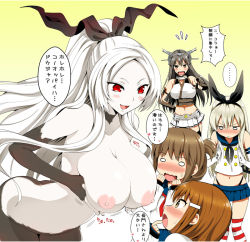 Rule 34 | &gt;:&lt;, ..., 10s, 5girls, :&lt;, :d, abyssal ship, armored aircraft carrier princess, black gloves, blonde hair, blush, breast awe, breast envy, breast hold, breast lift, breasts, brown eyes, brown hair, closed mouth, collar, collarbone, elbow gloves, female focus, finger to mouth, fingerless gloves, flying sweatdrops, folded ponytail, gloves, grey hair, hair ornament, hair ribbon, hairclip, hand on own hip, headgear, heart, ikazuchi (kancolle), inazuma (kancolle), jitome, kantai collection, kojima saya, large breasts, leaning forward, long hair, looking at another, looking at breasts, microskirt, midriff, motion lines, multiple girls, nagato (kancolle), navel, nipples, nose blush, o o, open mouth, pale skin, personification, pleated skirt, pointing, pointing at another, pointing forward, ponytail, profile, red eyes, ribbon, sailor collar, shimakaze (kancolle), shirt, skirt, sleeveless, sleeves past wrists, slit pupils, smile, standing, striped clothes, striped legwear, striped thighhighs, sweatdrop, text focus, thighhighs, topless, translated, v-shaped eyebrows, very long hair, wavy mouth, white gloves, white hair, yellow eyes