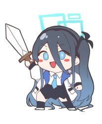 Rule 34 | 1girl, absurdly long hair, aris (blue archive), black hair, black skirt, black socks, blue archive, blue eyes, blue hair, blue halo, blue necktie, blush, blush stickers, chibi, collared shirt, full body, hair between eyes, hair ornament, halo, holding, holding sword, holding weapon, jacket, long hair, long sleeves, looking at viewer, multicolored hair, necktie, open mouth, pleated skirt, qwq22565156, shirt, sidelocks, simple background, skirt, smile, socks, solo, sword, very long hair, weapon, white background, white footwear, white jacket, white shirt