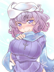 Rule 34 | 1girl, alternate costume, blue eyes, blue scarf, breast hold, breast suppress, breasts, curly hair, female focus, hat, head tilt, highres, hip focus, jewelry, large breasts, letty whiterock, light purple hair, naked sweater, necklace, nyagakiya, polearm, purple eyes, purple hair, ribbed sweater, scarf, short hair, sky, smile, snowflakes, solo, sweater, touhou, trident, upper body, weapon