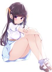 Rule 34 | 1girl, arms on knees, bare legs, black hair, blunt bangs, blush, breasts, brown footwear, casual, chikuwa., closed mouth, commentary request, full body, hair ribbon, highres, knees up, legs together, mary janes, medium breasts, original, puffy short sleeves, puffy sleeves, purple eyes, ribbon, shirt tucked in, shoes, short sleeves, simple background, sitting, skirt, socks, solo, striped clothes, striped skirt, thighs, vertical stripes, white background, white socks, yellow ribbon