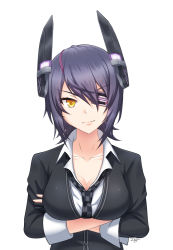 Rule 34 | 1girl, breasts, checkered clothes, checkered necktie, checkered neckwear, collarbone, crossed arms, eyepatch, headgear, highres, kantai collection, large breasts, necktie, purple hair, short hair, simple background, solo, tenryuu (kancolle), upper body, white background, yellow eyes, zero (73ro)