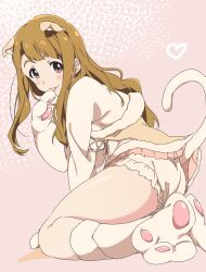 Rule 34 | 1girl, animal ears, animal hands, arm support, ass, bloomers, blush, boots, breasts, brown dress, brown eyes, brown hair, cat ears, cat paws, cat tail, dress, fake animal ears, fake tail, from behind, fur-trimmed boots, fur-trimmed jacket, fur trim, hand up, heart, highres, idolmaster, idolmaster million live!, idolmaster million live! theater days, jacket, leaning forward, long hair, long sleeves, looking at viewer, looking back, medium breasts, miyao miya, pink background, simple background, sitting, smile, solo, tail, thick eyebrows, tongue, tongue out, umanosuke, underwear, wariza, white bloomers