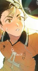 Rule 34 | 1boy, ball, black hair, blonde hair, brown eyes, clothes writing, feathers, footprints, haikyuu!!, highres, karasuno volleyball uniform, looking to the side, looking up, male focus, multicolored hair, nishinoya yuu, orange shirt, parted lips, playing sports, shirt, short hair, shuitongyang, simple background, solo, sportswear, streaked hair, sweat, two-tone hair, upper body, volleyball, volleyball (object), volleyball uniform, white background