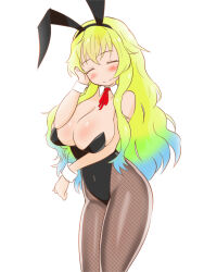 Rule 34 | 1girl, blonde hair, blush, closed eyes, collar, cuffs, highres, kobayashi-san chi no maidragon, large areolae, lucoa (maidragon), moonxel, multicolored hair, pantyhose, rabbit ears, ribbon, simple background, smile, solo, standing, two-tone hair, white background