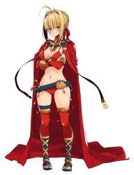 Rule 34 | 1girl, belt, bikini, blonde hair, blush, boots, bow, braid, breasts, cape, collar, crossed arms, elbow gloves, fate/grand order, fate (series), gloves, green eyes, hair bow, hair ornament, highres, imigimuru, large breasts, navel, nero claudius (battle olympia) (fate), nero claudius (fate), nero claudius (fate) (all), nero claudius (fate/extra), official alternate costume, red bikini, simple background, solo, swimsuit, thighhighs, underwear, white background