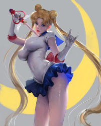 Rule 34 | 1girl, absurdres, bishoujo senshi sailor moon, blonde hair, blue eyes, blue sailor collar, blue skirt, crescent, double bun, gloves, hair bun, hand up, highres, holding, holding weapon, j. won han, long hair, looking to the side, parted bangs, parted lips, sailor collar, sailor moon, shirt, skirt, solo, standing, tight clothes, tight shirt, tsukino usagi, very long hair, weapon, white gloves, white shirt