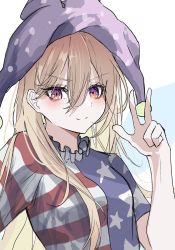 Rule 34 | 1girl, american flag dress, blonde hair, blush, breasts, clownpiece, cropped torso, diamond-shaped pupils, diamond (shape), fairy wings, hair between eyes, hat, hegata (hegatia lapis), highres, jester cap, long hair, looking at viewer, medium breasts, polka dot, purple hat, red eyes, simple background, smile, solo, symbol-shaped pupils, touhou, upper body, v, white background, wings