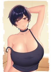 Rule 34 | 1girl, :o, arm behind head, artist name, black choker, black hair, black shirt, borrowed character, breasts, brown eyes, choker, cleavage, commentary, covered erect nipples, crop top, earrings, english commentary, highres, huge breasts, jewelry, kaitofuuma, looking at viewer, looking down, norman maggot, off shoulder, olive laurentia, open mouth, original, shirt, short hair, solo, strap slip, tank top, upper body