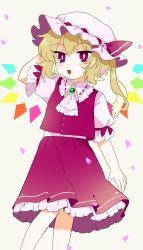 Rule 34 | 1girl, ascot, blonde hair, crystal, flandre scarlet, frilled skirt, frills, hand on own head, hat, hat ribbon, highres, maa (forsythia1729), mob cap, one side up, open mouth, red eyes, red ribbon, red skirt, red vest, ribbon, short hair, skirt, skirt set, touhou, vest, white ascot, white hat, wings
