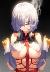 Rule 34 | 1girl, bare shoulders, bdsm, breasts, cigarette, clothes lift, girls&#039; frontline, gloves, hair over one eye, haneru, headphones, headphones around neck, heart, heart-shaped pupils, highres, looking at viewer, looking over eyewear, looking over glasses, necktie, nipples, red eyes, rope, shibari, shibari under clothes, shirt lift, short hair, silver hair, smile, smoking, solo, sunglasses, symbol-shaped pupils, thompson (girls&#039; frontline), tinted eyewear, underboob
