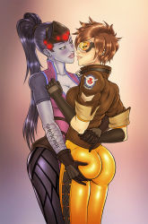 Rule 34 | 2girls, absurdres, ass, ass grab, bodysuit, breasts, cleavage, eye contact, highres, jacket, looking at another, multiple girls, overwatch, overwatch 1, reptileye, tracer (overwatch), widowmaker (overwatch), yuri