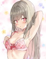 Rule 34 | 1girl, :o, arm behind head, arm up, armpits, bare arms, bare shoulders, blue flower, blush, bow, bow bra, bra, breasts, cleavage, collarbone, commentary request, floral background, flower, grey hair, long hair, looking at viewer, multicolored hair, original, parted lips, pink bra, pink eyes, pink flower, pink hair, saeki sora, small breasts, solo, strawberry bra, two-tone hair, underwear, underwear only, upper body, very long hair, yellow flower