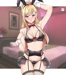 Rule 34 | 1girl, absurdres, animal ears, arm up, bed, bedroom, bikini, black bikini, blonde hair, blurry, blurry background, blush, bow, bowtie, breasts, detached collar, embarrassed, fishnet thighhighs, fishnets, freshtango, full-face blush, garter belt, gluteal fold, gradient hair, highres, kitagawa marin, lace, lace-trimmed legwear, lace trim, lingerie, looking at viewer, medium breasts, multicolored hair, nail polish, open mouth, pink hair, pink nails, ponytail, rabbit ears, raised eyebrows, red bow, red bowtie, skindentation, solo, sono bisque doll wa koi wo suru, string bikini, sweatdrop, swimsuit, thigh gap, thighhighs, underwear, underwear only, wrist cuffs