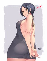 Rule 34 | 10s, 1girl, arms behind back, artist name, ass, backless dress, backless outfit, bad id, bad twitter id, bare arms, bare back, bare shoulders, black dress, black hair, breasts, closed mouth, cowboy shot, dress, fingernails, from behind, halter dress, halterneck, hayami kanade, heart, idolmaster, idolmaster cinderella girls, jjune, large breasts, looking at viewer, looking back, meme attire, outline, outside border, own hands together, short dress, short hair, shoulder blades, sideboob, sidelocks, sideways glance, signature, smile, solo, sweater, sweater dress, thick thighs, thighs, turtleneck, turtleneck sweater, v arms, virgin killer sweater, yellow eyes