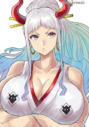 Rule 34 | 1girl, arms under breasts, blue hair, breasts, chikoinochi, cleavage, crossed arms, earrings, female focus, hair ornament, hair stick, highres, horns, huge breasts, jewelry, long hair, multicolored hair, one piece, ponytail, solo, two-tone hair, upper body, white hair, yamato (one piece)