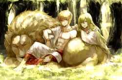 Rule 34 | 2boys, :d, abs, barefoot, blonde hair, bracelet, earrings, enkidu (fate), fate/stay night, fate/strange fake, fate (series), gilgamesh (fate), grass, green eyes, green hair, jewelry, lion, long hair, multiple boys, necklace, open mouth, red eyes, robe, smile, tree, wowishi
