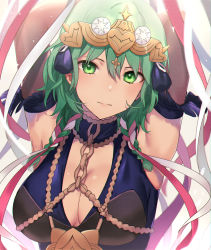 Rule 34 | 1girl, armpits, arms up, blue dress, braid, breasts, brown gloves, byleth (female) (fire emblem), byleth (fire emblem), cleavage, closed mouth, cosplay, dress, elbow gloves, fire emblem, fire emblem: three houses, gloves, green eyes, green hair, hair ribbon, haru (nakajou-28), headpiece, highres, large breasts, long hair, looking at viewer, nintendo, official alternate costume, red ribbon, ribbon, simple background, smile, solo, sothis (fire emblem), sothis (fire emblem) (cosplay), twin braids, upper body, white background, white ribbon