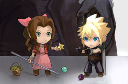 Rule 34 | 1girl, 2boys, aerith gainsborough, armor, belt, black gloves, black jacket, blonde hair, blue eyes, boots, braid, brown hair, buster sword, chibi, cloud strife, dress, earrings, final fantasy, final fantasy vii, final fantasy vii remake, flower, flower basket, full body, gloves, green eyes, hair between eyes, hair ribbon, holding, holding flower, holding weapon, jacket, jewelry, lily (flower), long hair, materia, multiple boys, necklace, newb ff7r, parted bangs, pink dress, pink ribbon, red jacket, ribbon, sephiroth, shirt, short hair, shoulder armor, sidelocks, single earring, sleeveless, sleeveless shirt, spiked hair, square enix, staff, suspenders, toy, weapon, weapon on back, yellow flower