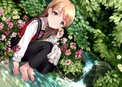 Rule 34 | 1girl, barefoot, blonde hair, blue eyes, bush, dress, dutch angle, flower, long hair, long sleeves, looking at viewer, nature, original, pond, sitting, skirt, smile, soaking feet, solo, tan (tangent), traditional clothes, wading, water