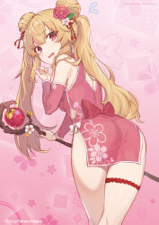 Rule 34 | 1girl, ass, bare shoulders, blonde hair, bow, breasts, china dress, chinese clothes, copyright name, detached sleeves, double bun, dress, flower, from behind, hair between eyes, hair bun, hair flower, hair ornament, highres, holding, holding wand, little witch nobeta, long hair, looking at viewer, looking back, nobeta, official art, pink background, pink sleeves, red eyes, short dress, sleeveless, sleeveless dress, small breasts, solo, thigh strap, thighs, twintails, wand