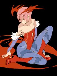 Rule 34 | 1girl, bare shoulders, black background, boots, closed eyes, commentary, detached sleeves, flat chest, head wings, high heel boots, high heels, highres, leg up, leotard, lilith aensland, looking away, ozaki tomomi, patterned legwear, pink hair, red footwear, red heels, red leotard, short hair, simple background, solo, symbol-only commentary, vampire (game), wings