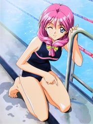 Rule 34 | 1990s (style), 1girl, barefoot, blue eyes, front ponytail, full body, highres, kneeling, kokura masashi, long hair, looking at viewer, official art, one-piece swimsuit, one eye closed, pink hair, pool, pool ladder, poolside, retro artstyle, shirayuki maho, smile, solo, swimsuit, tokimeki memorial, tokimeki memorial 2