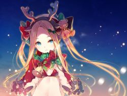 Rule 34 | 1girl, abigail williams (fate), alternate costume, alternate hairstyle, animal ears, antlers, aqua eyes, arms at sides, bear hair ornament, bell, bikini, bikini top only, blonde hair, blue sky, bow, breasts, breath, capelet, christmas, closed mouth, commentary request, expressionless, fake animal ears, fate/grand order, fate (series), forehead, fur-trimmed capelet, fur trim, gradient sky, green bow, hair bow, hair ornament, hairband, head tilt, horns, light particles, long hair, looking at viewer, miwabe sakura, navel, parted bangs, red bikini, red bow, red capelet, reindeer antlers, santa costume, sidelocks, sky, small breasts, solo, swimsuit, twintails, upper body