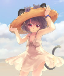 Rule 34 | 1girl, alternate costume, animal, animal ears, armpits, arms up, bare arms, bare shoulders, blue sky, bracelet, cloud, day, dress, ears through headwear, grey hair, hat, iris anemone, jewelry, looking at viewer, mouse (animal), mouse ears, mouse tail, nazrin, open mouth, pink eyes, see-through, short hair, sky, sleeveless, sleeveless dress, solo, straw hat, sundress, sunglasses, tail, touhou, white dress