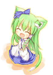 Rule 34 | 1girl, :d, ^ ^, animal ears, bad id, bad pixiv id, blush, bow, cat ears, cat girl, cat tail, chibi, child, closed eyes, detached sleeves, dress, female focus, frog, from above, green hair, hair bow, hair ornament, highres, kemonomimi mode, kochiya sanae, long hair, looking at viewer, midriff, navel, open mouth, ribbon, sitting, skirt, smile, snake, solo, tail, touhou, yuuhagi (amaretto-no-natsu), yuushuu (amaretto)