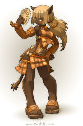 Rule 34 | 1girl, animal ears, armor, bell, blonde hair, breasts, card, cat ears, cat tail, collar, contrapposto, dark-skinned female, dark skin, detached sleeves, ecaflip, faulds, full body, hand on own hip, long hair, narrow waist, neck bell, orange eyes, ponytail, revealing clothes, sandals, sideboob, solo, standing, tabard, tail, toes, wakfu, xaxaxa