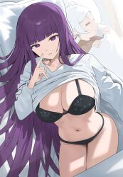 Rule 34 | 2girls, black bra, black panties, blunt bangs, bra, breasts, cleavage, closed eyes, clothes lift, earrings, fern (sousou no frieren), finger to mouth, frieren, highres, hood (james x), jewelry, large breasts, long hair, long sleeves, looking at viewer, lying, multiple girls, navel, on back, on side, panties, parted lips, purple eyes, purple hair, shirt, shirt lift, shushing, sleeping, solo focus, sousou no frieren, stomach, thighs, underwear, white shirt