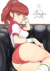 Rule 34 | 1girl, ass, blue eyes, couch, hammer and sickle, hand on own head, highres, jacket, jung freud, long hair, looking at viewer, looking back, lying, on side, one-piece swimsuit, red hair, smile, socks, solo, star (symbol), swimsuit, top wo nerae!, wa (genryusui), white socks, wristband